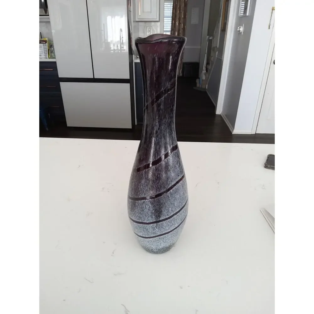 Amethyst purple blown glass vase( Blenko?) WhitevSwirl pattern/brushed
